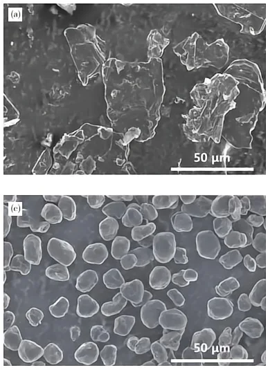 SEM images of flake graphite and spherical graphite anode materials.png