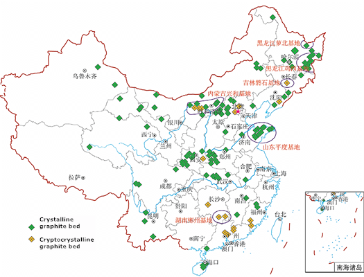 Figure 2 distribution of graphite mines and industrial bases in China.png