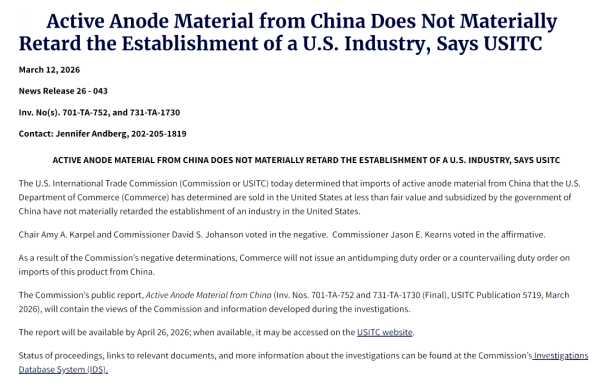 U.S. Decides Not to Impose Tariffs on Chinese Anode Materials News Image3.png U.S. Decides Not to Impose Tariffs on Chinese Anode Materials News Image3.png